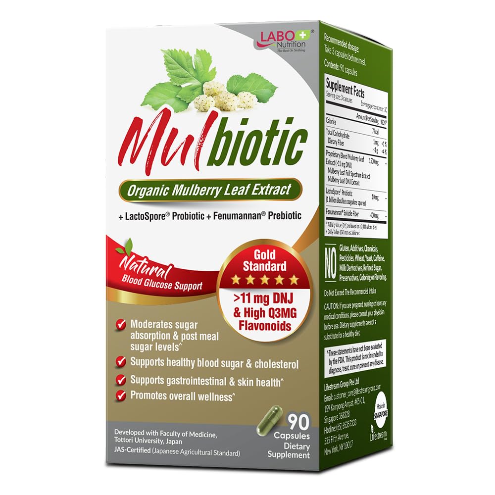 LABO Nutrition Mulbiotic Capsule, Bio Mulberry Blatt Extrakt + LactoSpore Probiotic & Fenumannan Prebiotic, für gesunde Carb Cravings Unterstützung, Vegetarisch, Non-GMO