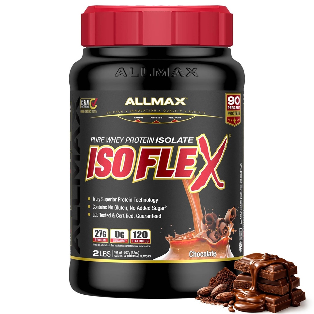 ALLMAX ISOFLEX Whey Protein Isolate, Schokolade - 2 lb - 27 Gramm Protein Per Scoop - Zero Fat & Sugar - 99% Lactose Free - Glutenfrei & Soy - ca. 30 Portionen
