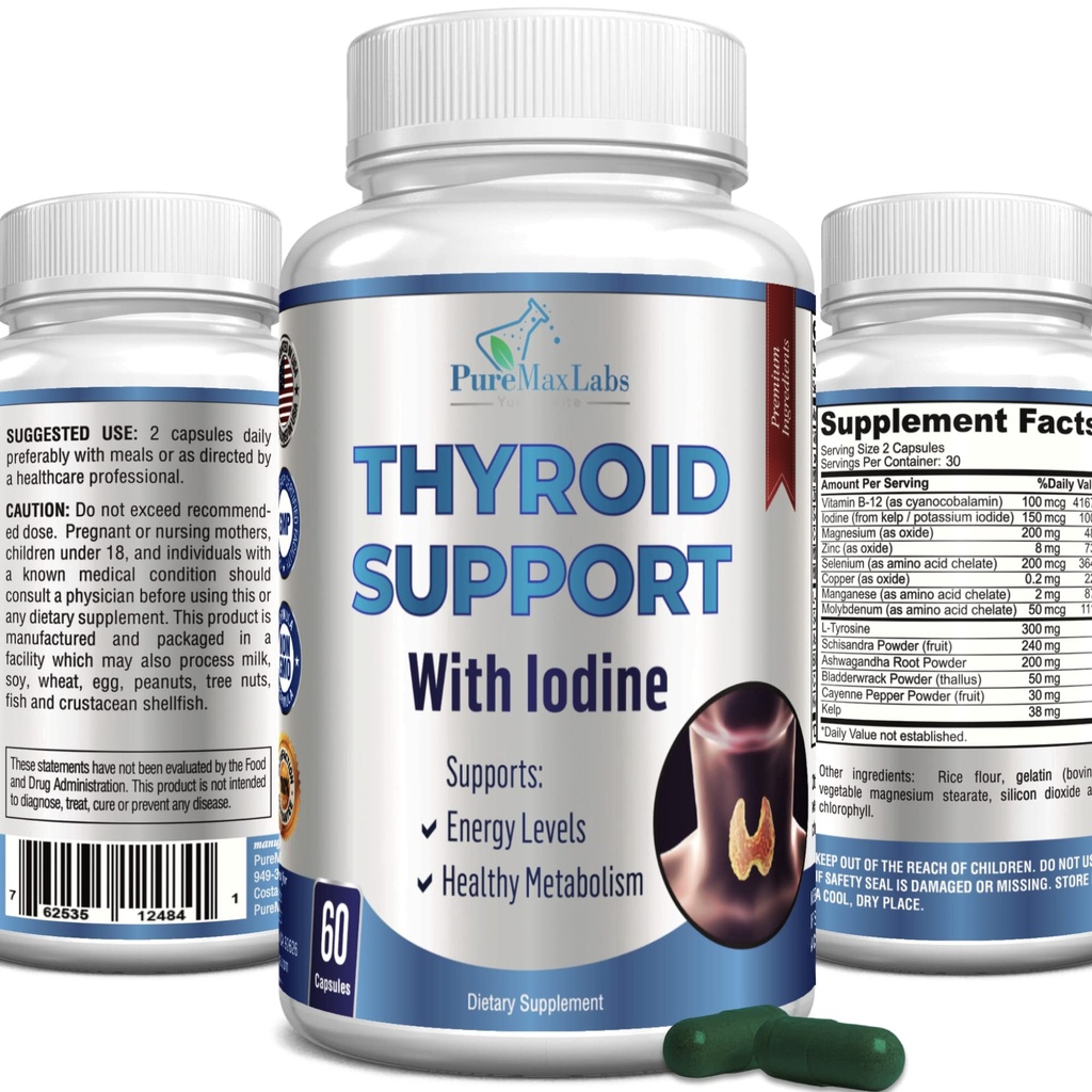 Schilddrüsen-Unterstützung mit Jod - Metabolismus-Booster, Energie-Booster, Fokus erhöhen - Premium Non-GMO Schilddrüsen-Ergänzung 60 Kapseln