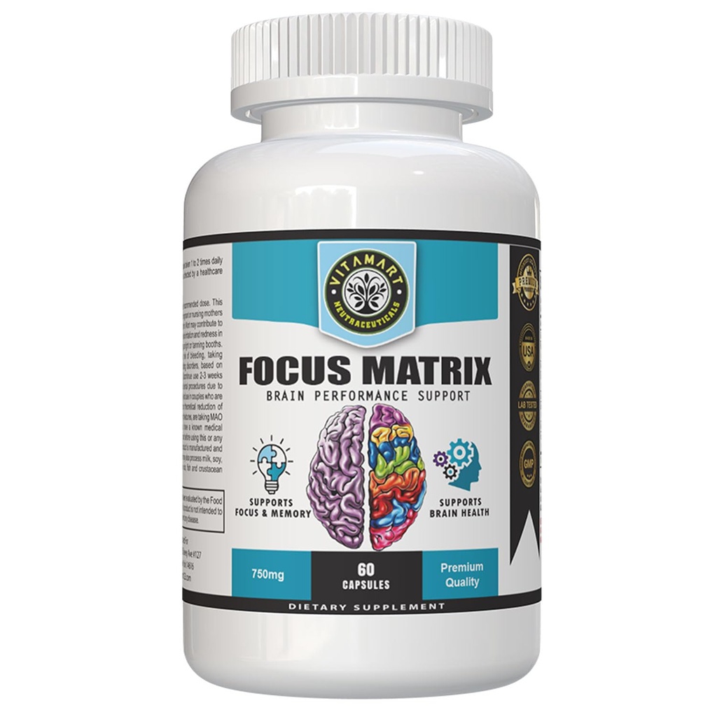Fokus Matrix (1 Flasche) Gehirngesundheitsergänzung- für besseren Fokus, Gedächtnis, Aufmerksamkeit, Konzentration, Ginkgo biloba Leaf, Bacopa Monnieri, Fokus Pille