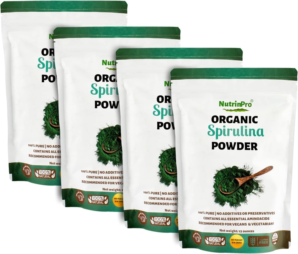 Four Pack Spirulina Pulver für Saft und Glatte Mischung; 100% natürlich, USDA Organisch und Glutenfrei, mit High Protein, Vitamine, Antioxidantien und Mineralien (12 Unzen) (4)