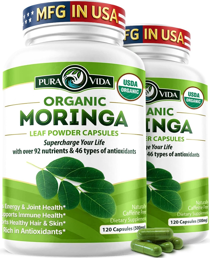 PURA VIDA MORINGA Kapseln Single Origin Bio Moringa Pulver. Moringa Blatt. Energie, Stoffwechsel, & Immununterstützung. 120ct. 500mg Caps. (Pack von 2)