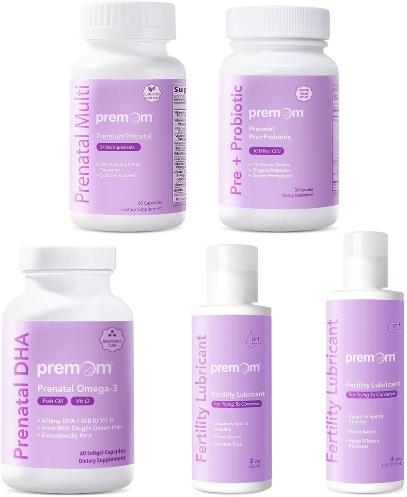 Premom Multivitamin für Frauen + Pränatales DHA Fischöl + Pränatale Vor- und Probiotika + Persönliche Fruchtbarkeitsschmiermittel für Konzeption 2&4 Fl Oz