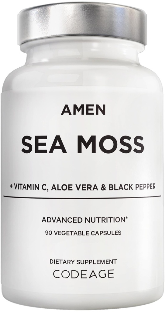 Amen Sea Moss Supplement - 1000mg Organic Irish Sea Moss, Bladderwrack, Burdock - Vitamin C, Aloe Vera, Black Pepper - Seaweed Superfood, Vitamine, Mineralstoffe und Antioxidantien - Non-GMO - 90 Kapseln
