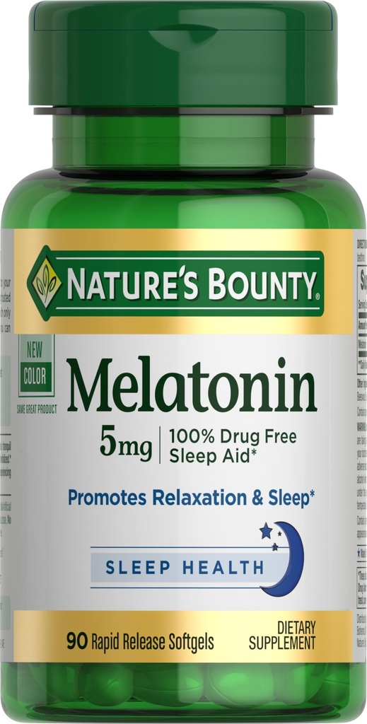 Natur Bounty Melatonin, 100% Drug Free Sleep Aid, Nahrungsergänzungsmittel, fördert Entspannung und Schlaf Gesundheit, 5 mg, 90 Softgels (Paket von 1)