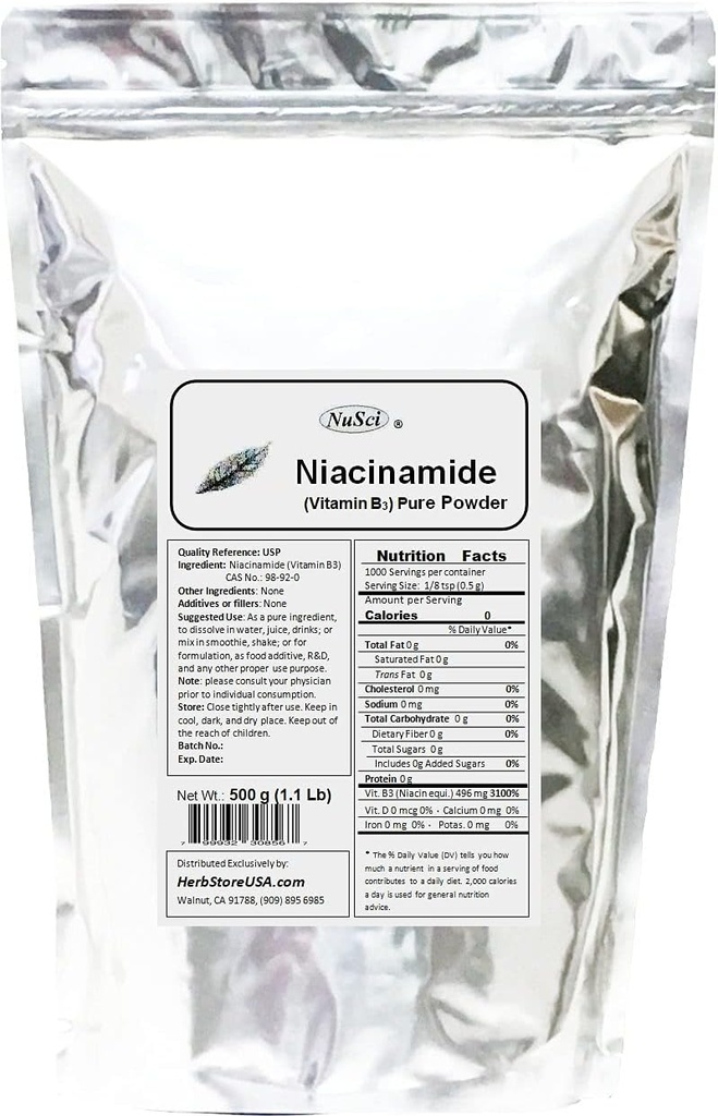 Niacinamid Vitamin B3 Pure Powder Energy (500 Gramm (1,1 lb))