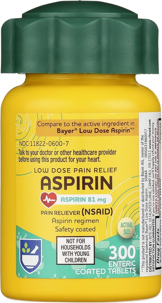 Rite Aid Aspirin Enteric Tablets, 81 mg Aspirin - 300 Count, Low Dose Pain Relief, Aspirin für Kopfschmerzen Relief, Enteric Safety Coated Tablets, Aspirin Regimen, Migräne Medizin, Schmerzlinderung