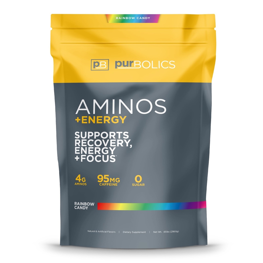 Purbolics Aminos + Energy | Unterstützt Erholung, Energie & Fokus | 95mg Koffein, 0 Zucker & 60 Servierungen (Rainbow Candy)
