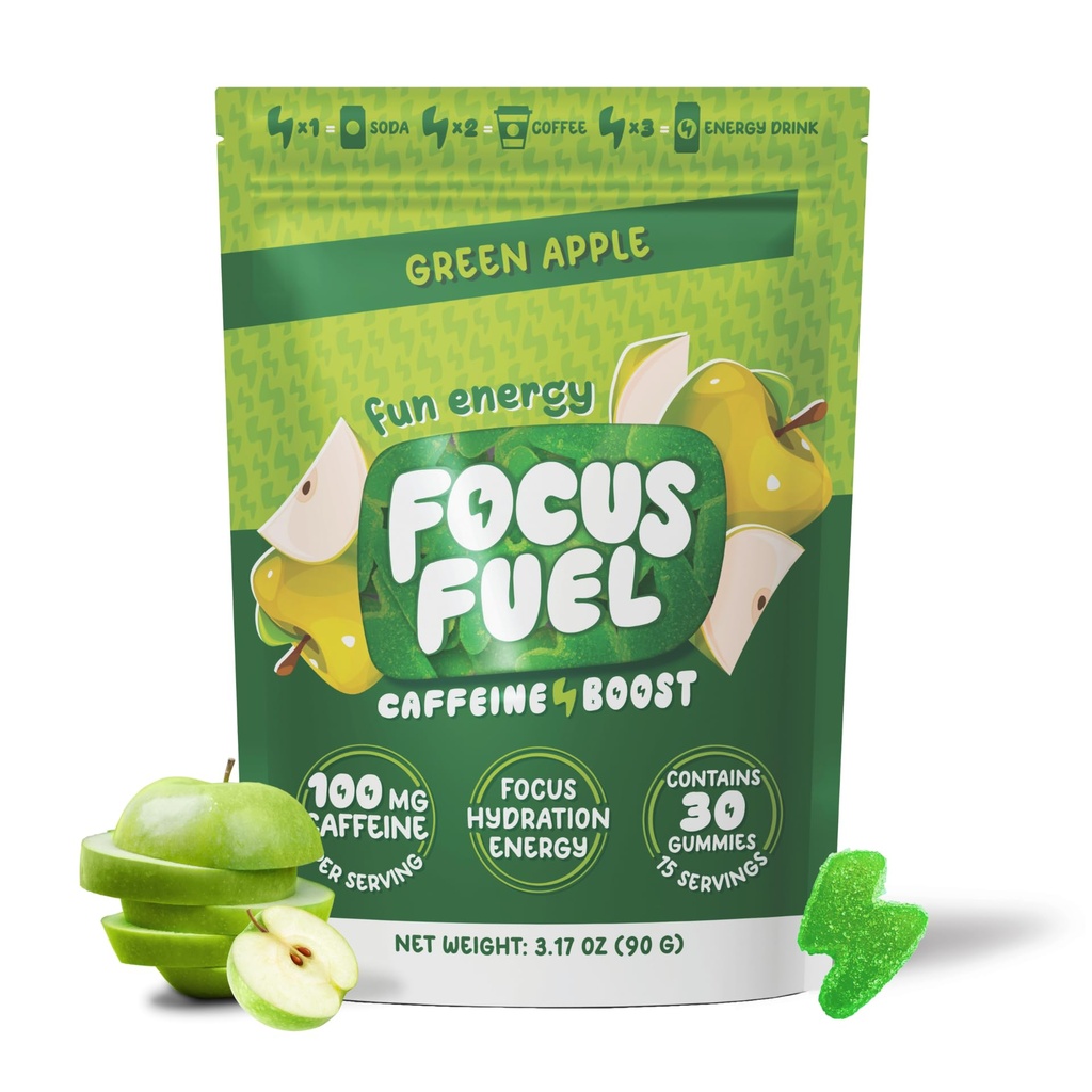 FocusFuel Energy Chews – Green Apple Flavor (15 Servierungen) – 100mg Koffein + B12, Magnesium, Alpha GPC – Boost Focus & Energy – No Crash oder Jitters