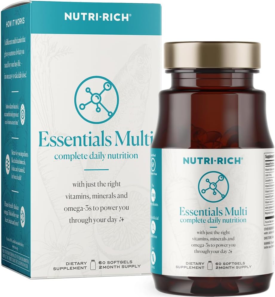 Nutri-Rich Essentials Multi | Multivitamin mit Fischöl Omega-3 für Männer und Frauen, unterstützt Energie, Immungesundheit, Vitamin A, C, D3, E, K2, und Zink, Non-GMO, Glutenfrei (60 Count)
