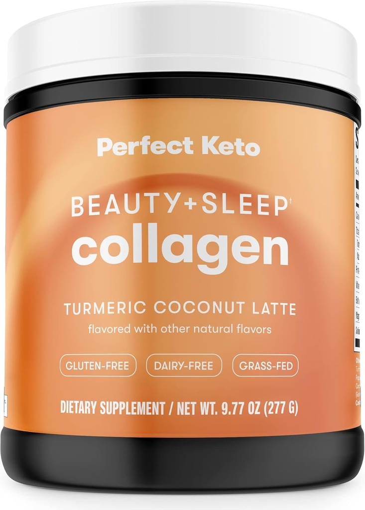 Perfect Keto Beauty + Sleep Grass Fed Collagen Peptides Protein Powder mit Ashwagandha, Magnesium, Biotin, Hyaluronsäure, L Theanin, Haar, Haut, Nails & Relaxation Support, Turmeric Coconut Latte