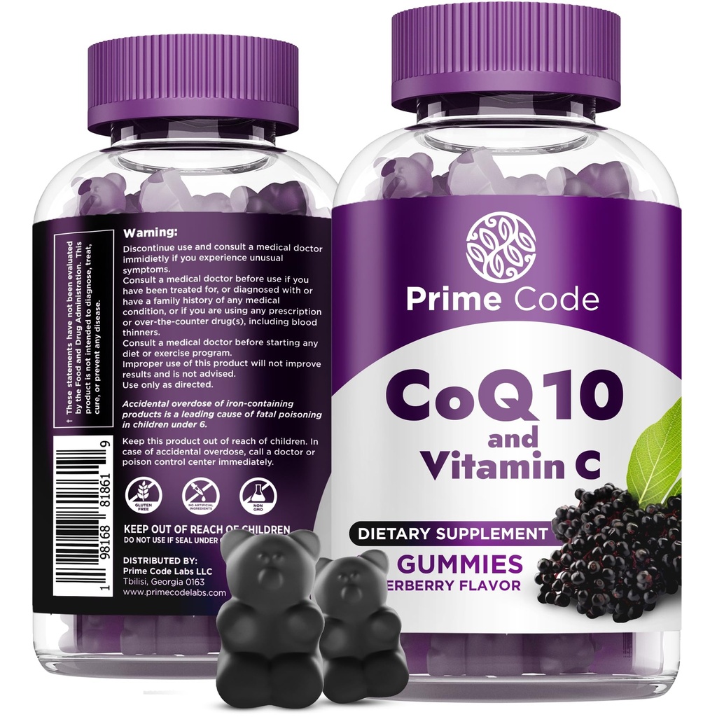 Prime Code CoQ10 Gummies 200mg mit Vitamin C - Coenzym Q10 Antioxidant Supplement für zelluläre Energieunterstützung - Einfach zu nehmende vegane Gummies für Erwachsene - 60 Count