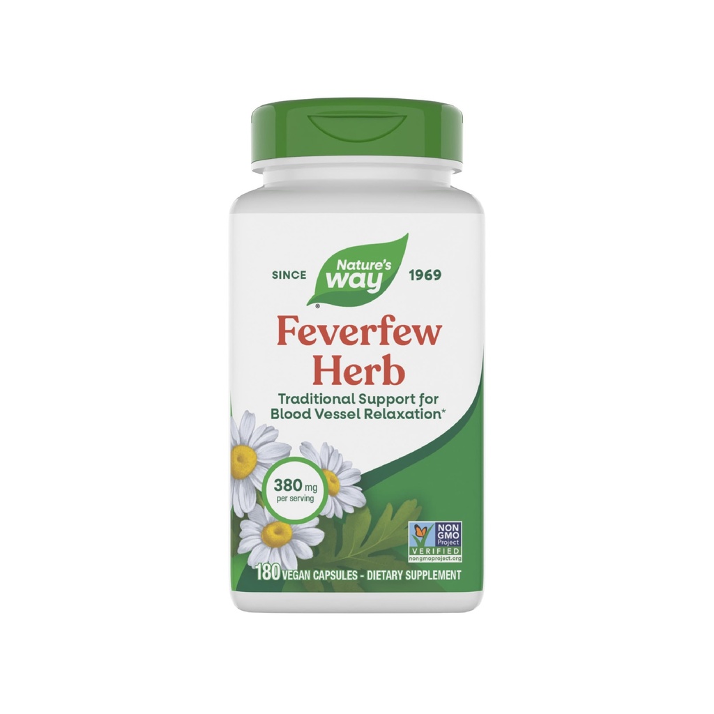 Nature's Way Feverfew Herb, traditionelle Unterstützung für Blutgefäß-Entspannung*, 380 mg pro Servieren, Non-GMO Project Verified, 180 Vegan Feverfew Kapseln (Packaging May Vary)