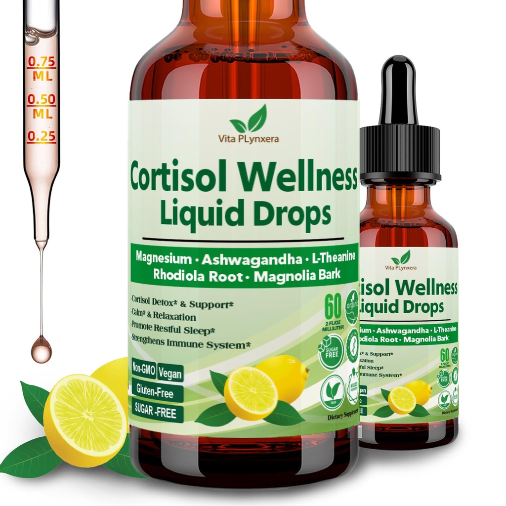 Cortisol Ergänzung Flüssigkeitstropfen, 17-in-1 Cortisol Detox w. Magnesium Glycinate 400mg Ashwagandha, L-Theanin, Phosphatidylserin, Hormon Balanced für Frauen, Mood Focus, Schlafunterstützung