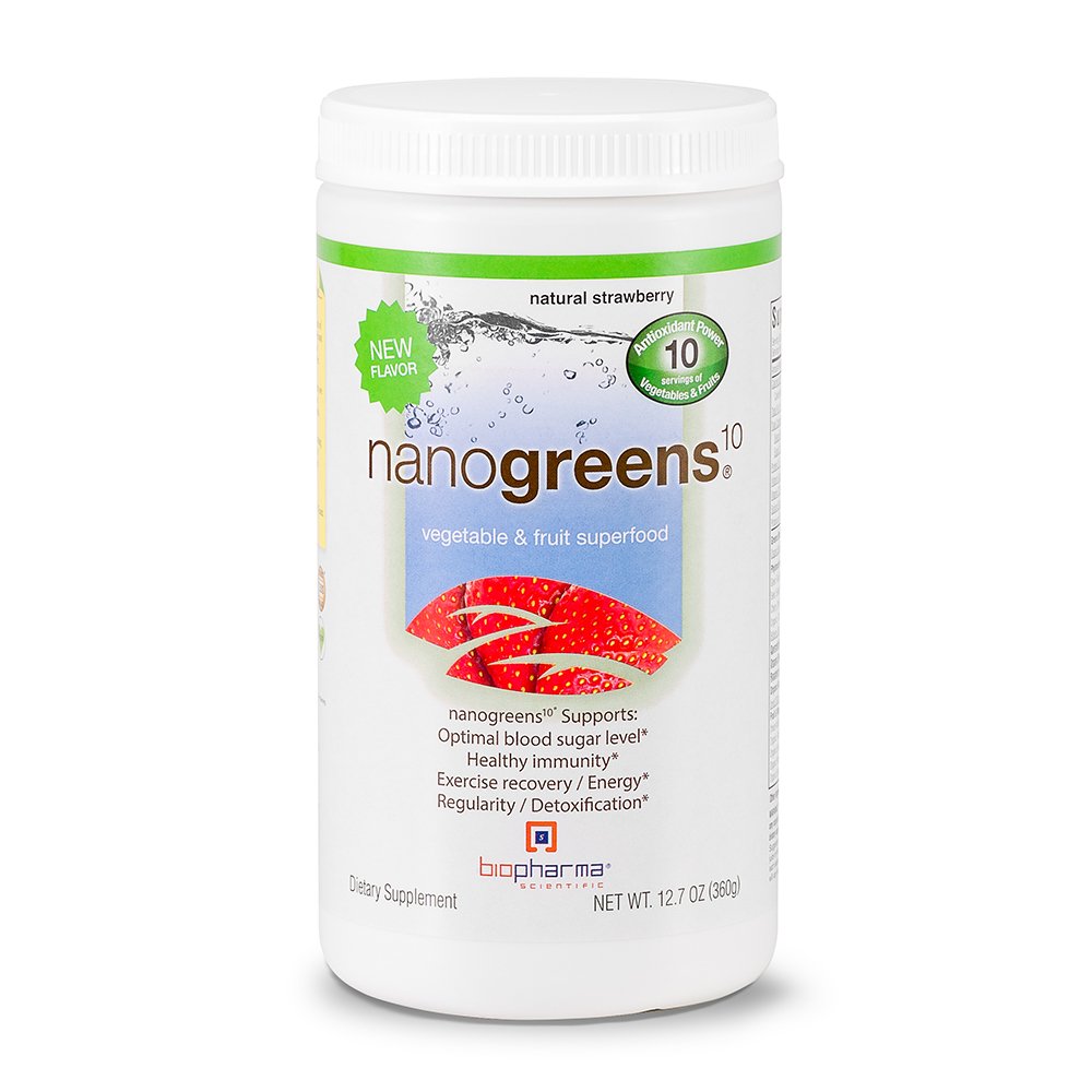 BioPharma Scientific NanoGreens Superfood Powder – Früchte & Gemüse, Antioxidantien & Probiotika für Energie, Verdauung & Immununterstützung – 30 Servierungen, Erdbeer-Flamvor