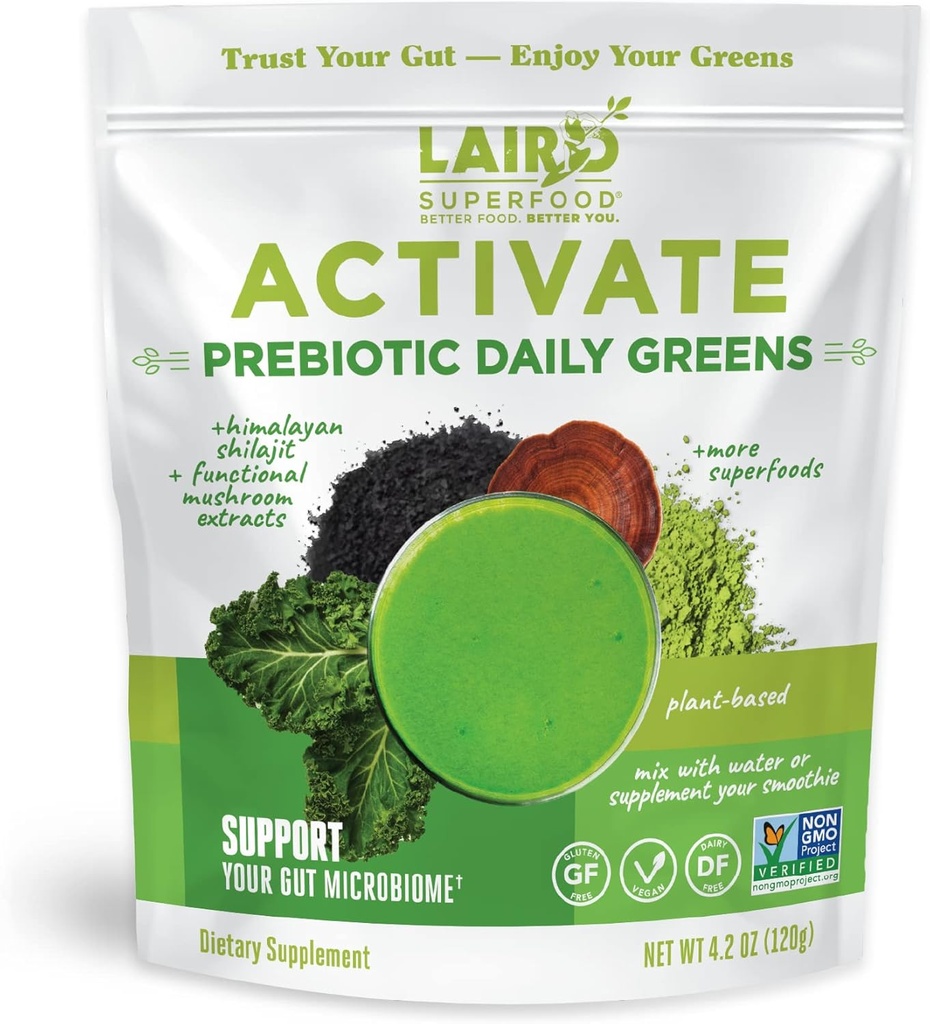 Laird Superfood Activate Prebiotic Daily Greens Powder Drink Supplement, Himalayan Shilajit Pulver und Functional Mushrooms, unterstützt Gut Microbiome, 4.2 Oz Bag, Paket von 1