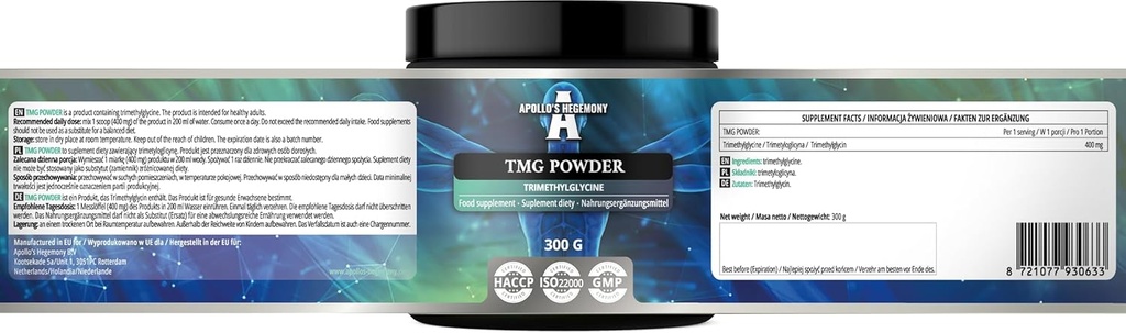 APOLLO'S HEGEMONY TMG Powder 300g - Betaine - 2000mg Trimethylglycin pro Servierung - 150 Servierungen pro Packung - Keine Zusatzstoffe - verzweigte Kette Aminosäuren - Stoffwechselunterstützung