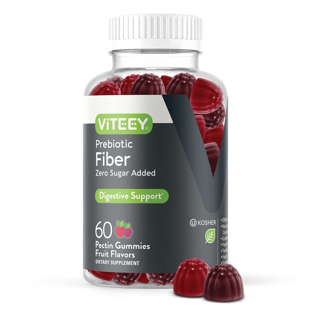 Viteey Prebiotic Fiber Gummis für Erwachsene, 4g - Gut Health & Digestive Soluble Fiber Supplement Gummis - Zero Sugar Hinzugefügt, Vegan, Glutenfrei - 60 Count