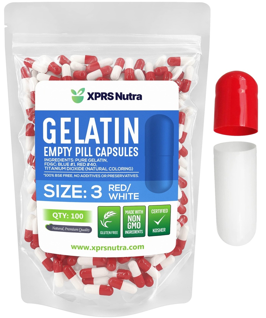XPRS Nutra Größe 3 Leere Kapseln - 100 Graf Leere Gelatine Kapseln - Pillen DIY Kapsel Füllung - Pure Bovine Pille Gel Kapseln Füllbare Do-It-Yourself Vitamine und Ergänzungen (Rot/Weiß)