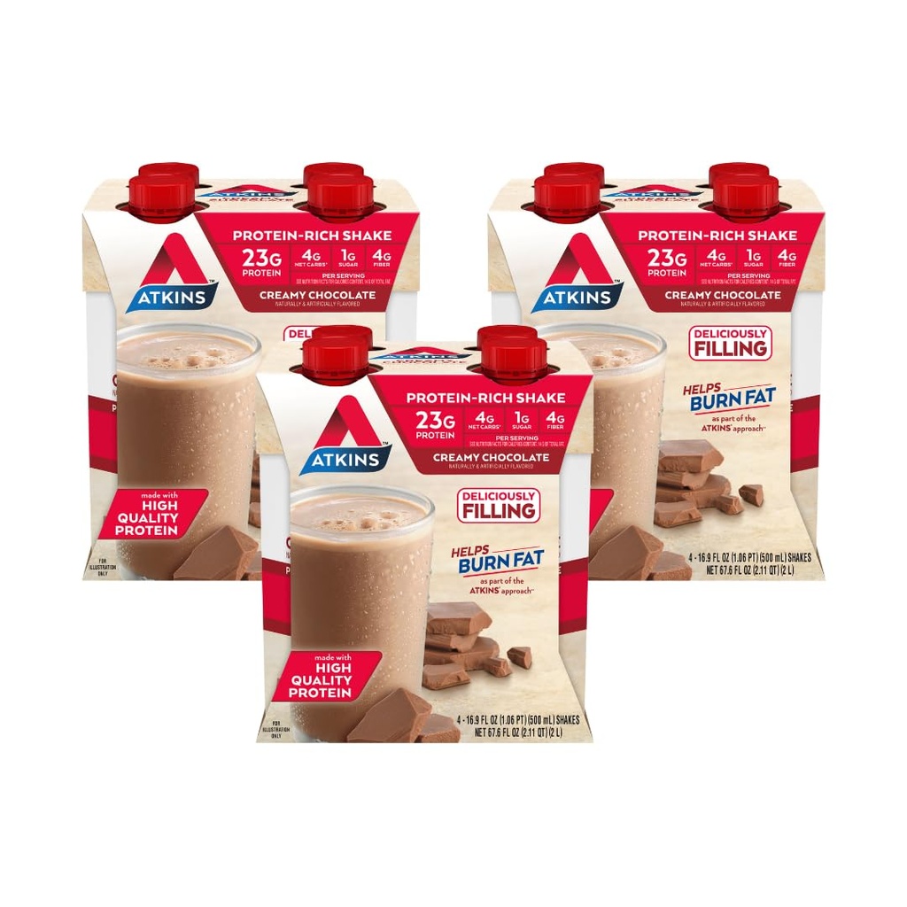 Atkins Creamy Chocolate Meal Size Protein Shake, 23g Protein, Low Glycemic, 4g Net Carb, 1g Zucker, Keto Friendly, 12 Count