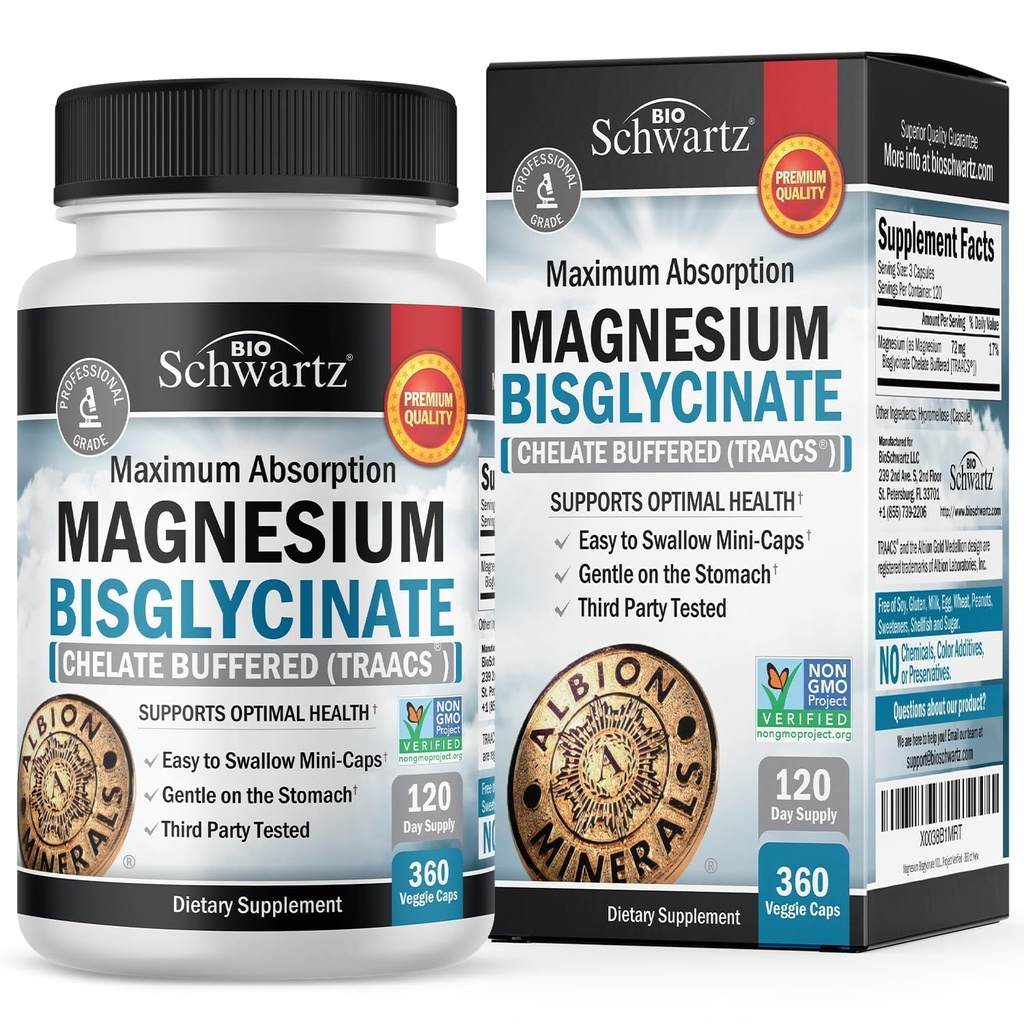 Magnesium Bisglycinat Chelat-Ergänzung - Hohe Absorption Magnesium-Ergänzung für Muskel, Knochen & Gelenk-Unterstützung, Nicht-Laxative, Vollgepuffert, Nicht-GMO, Maximale Bioverfügbarkeit - 360 Kapseln