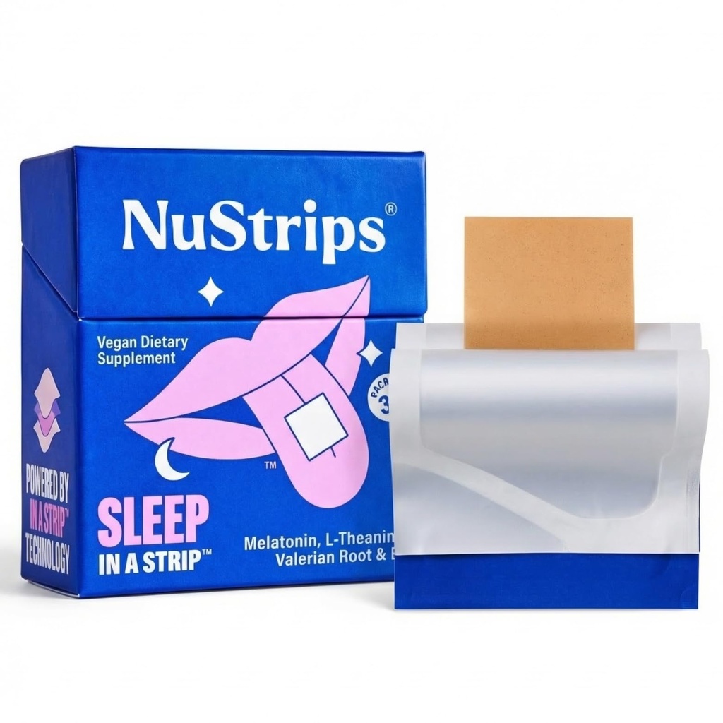 NuStripsTM Schnell auflösende Schlafstreifen mit 5 mg Melatonin, Baldrianwurzel, L-Theanin & Vitamin B6 - Blaubeergeschmack - Natürliches Schlafmittel, Vegan, Nicht-GVO, Glutenfrei - schnell einschlafen (30 Streifen)