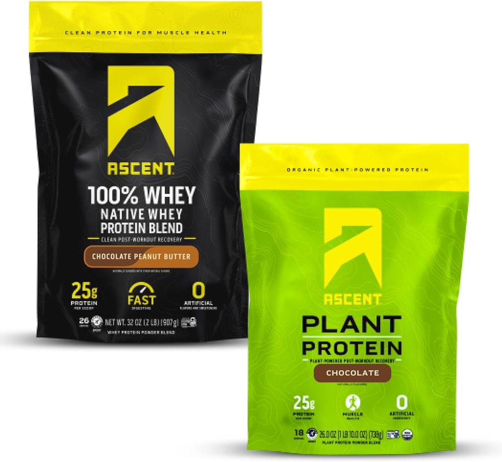Ascent Whey + Plant Protein Powder - Chocolate Peanut Butter 2 lb & Chocolate 18 Servings