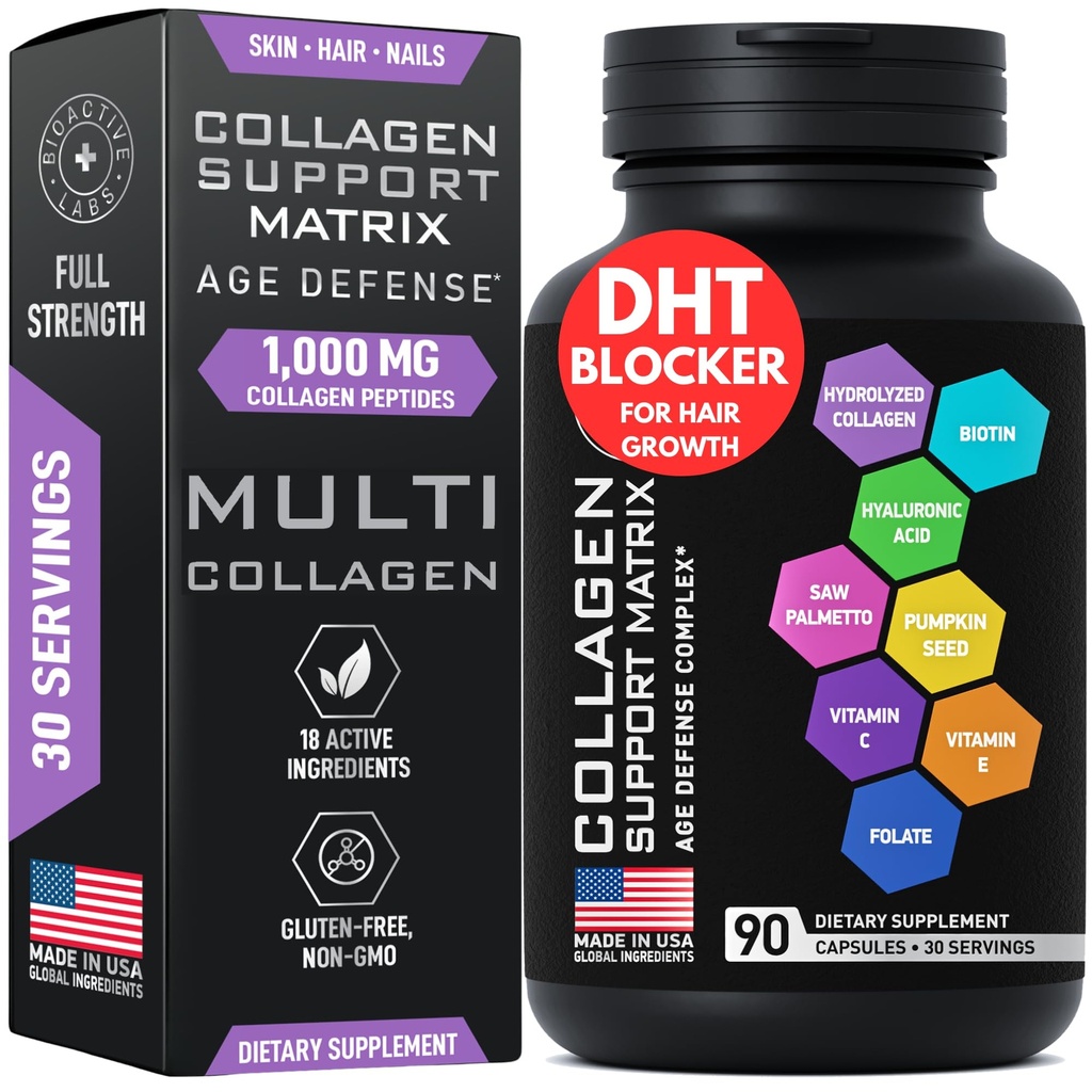 Age Defense Beauty Collagen Matrix - 2.000mg Multi Collagen Biotin Keratin Hyaluronsäure Saw Palmetto Vitamin C Supplement Complex - DHT Blocker für Männer und Frauen für Haarwachstum - 90 Glutenfreie Kappen