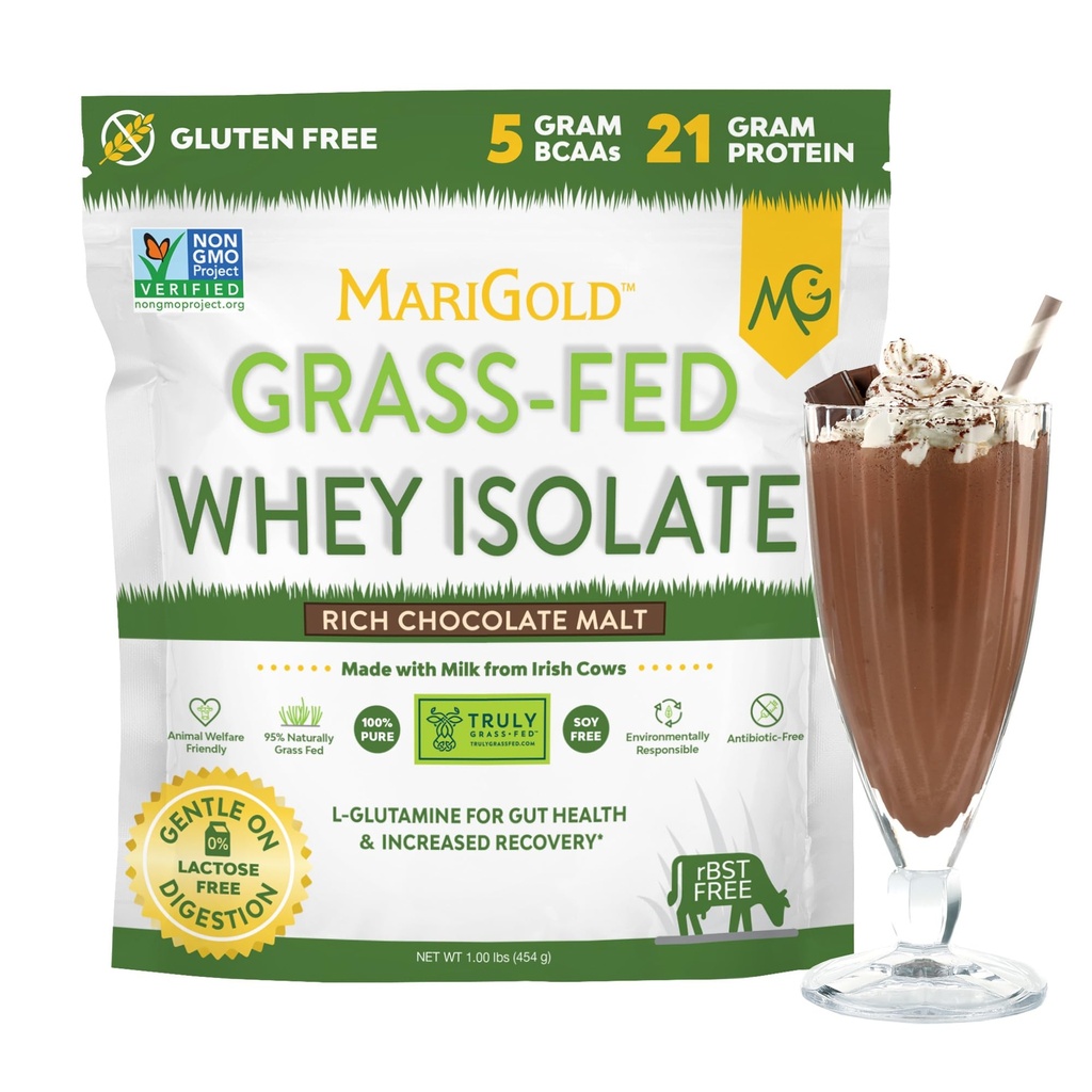 MariGold Gras-Fed Whey Protein Isolate Pulver - Rich Chocolate Malt Flavor - 1 Lb | 100% rein, kalt-verarbeitet, Micro-gefiltert, Ungesättigt, Non-GMO, rBGH Free, Soy Free, Glutenfrei, Lactosefrei