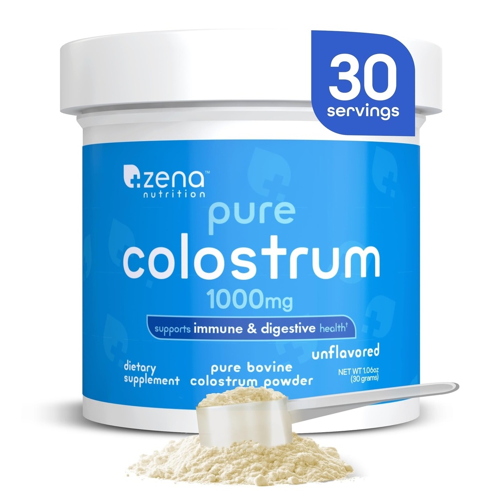 Zena Nutrition Bovine Colostrum Powder Supplement, 1000mg reines Kolostrum, unterstützt Immun- und Verdauungsgesundheit, fördert Gut Health, Keto, Glutenfrei, Fettfrei, Gras Fed, Unflavored, 30 Servierungen