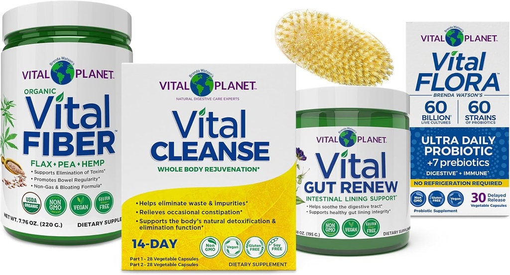 Vital Planet - Ganzkörper-Innenreinigungs-Kit mit Vital Cleanse 14-Day 2-Part-Programm, Vital Fiber, Vital Gut Renew, und Vital Flora Probiotics mit Präbiotika, 4 Produkte-in-One