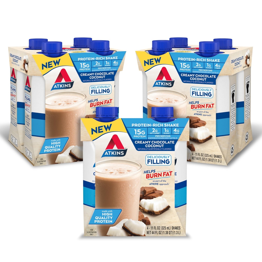 Atkins Creamy Chocolate Coconut Protein Shake, 15g Protein, 2g Net Carbs, 1g Zucker, Keto Friendly, 12 Count