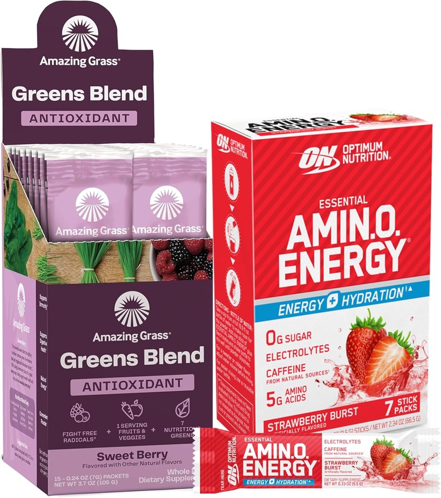 Erstaunlich Gras Bundle von Optimum Nutrition Essential Amino Energy Plus Elektrolyte Stick Packs, Energy Powder, Erdbeer Burst, 7 Count Greens Superfood Antioxidant: Sweet Berry, 15 Portionen