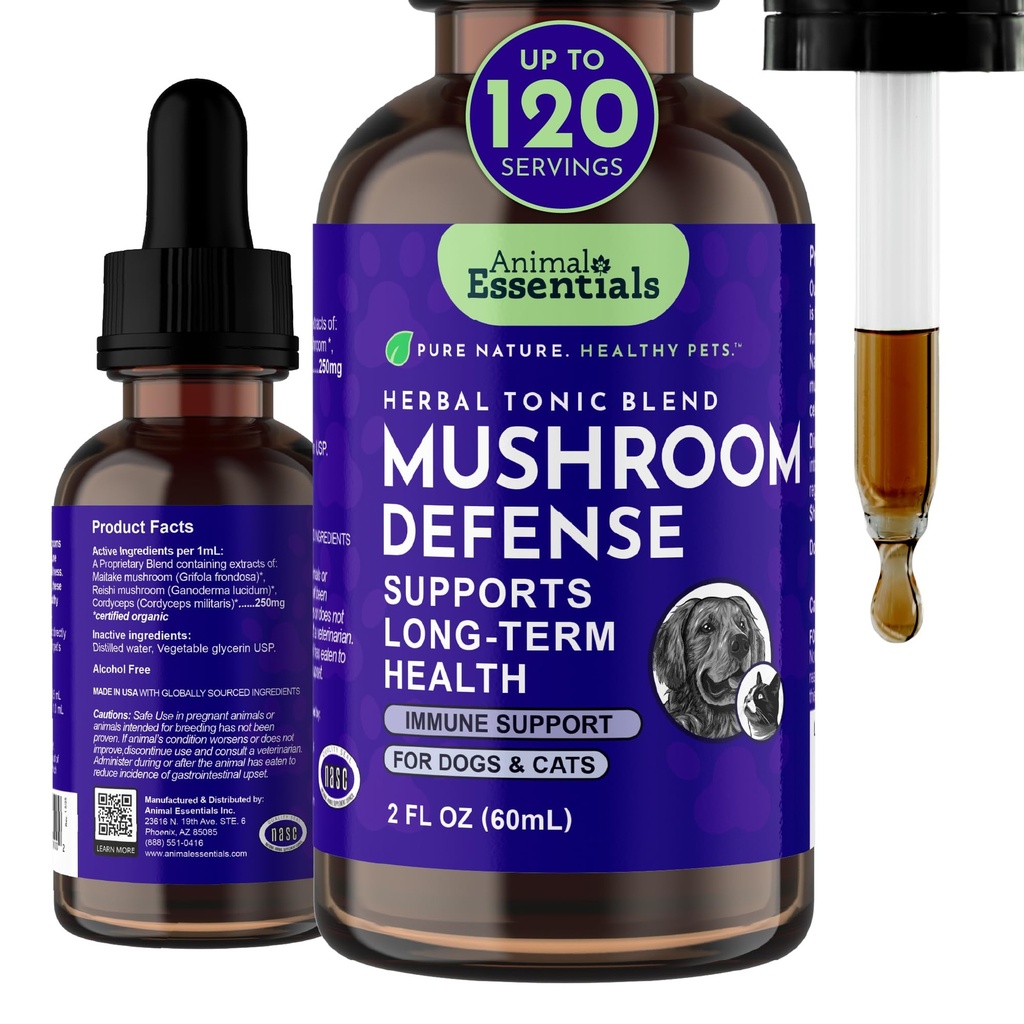 Tierische Wesentliche Pilzverteidigung - Immunsystem Unterstützung für Hunde & Katzen, natürliches Antioxidans, Pilze, für alle Altersgruppen, Bio Kräuter - 2 Fl Oz