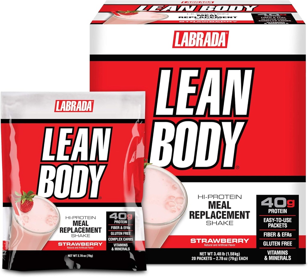 Labrada Lean Body Disposition All-In-One Erdbeer-Meal Ersatz Shake, 40g Protein, Whey Blend, 8g Gesunde Fette EFA's & Fiber, 22 Vitamine und Mineralstoffe, Keine künstliche Farbe, Glutenfrei, (20 Packungen)