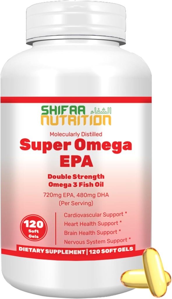 SHIFAA NUTRITION Halal Fish Oil Softgels 120 Ct, doppelte Stärke - Halal Omega 3 Fischöl Ergänzungen. Wild Caught, Non-GMO & Purified