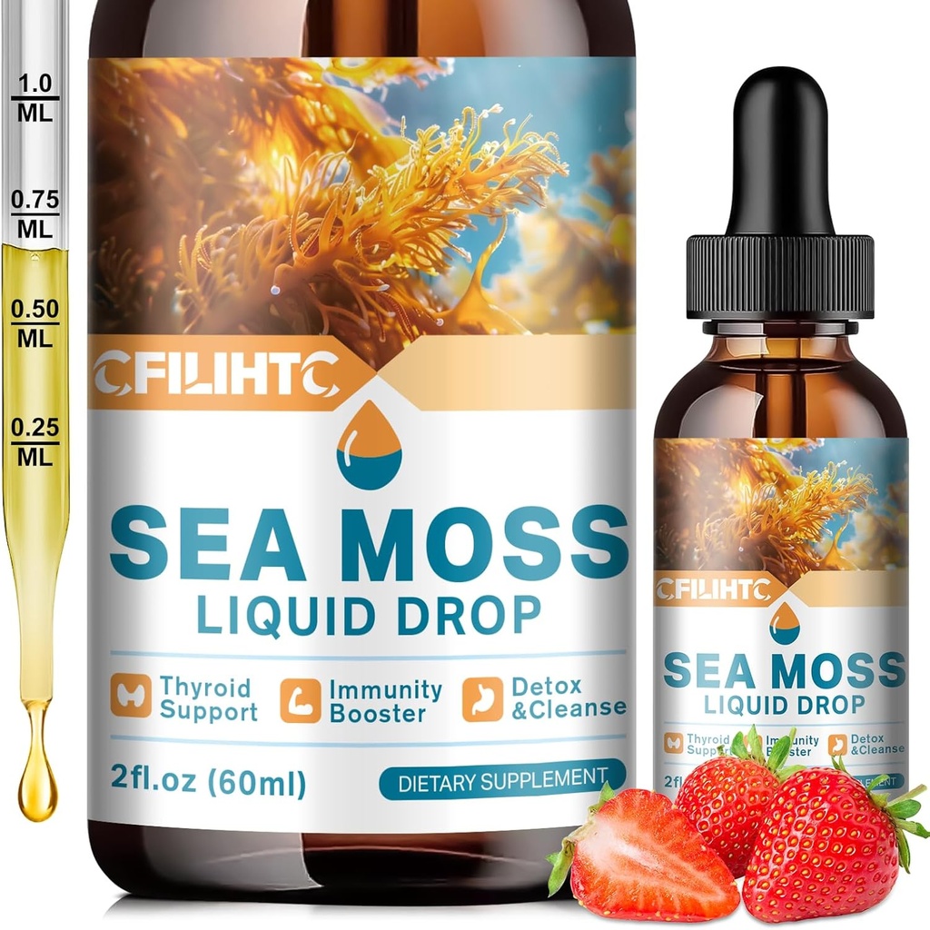 Sea Moss Liquid Drops Supplement, Irish Sea Moss mit Soursop Black Elderberry Ashwagandha Burdock Root - Multivitamine Seamoss Liquid Drops Unterstützung Antioxidans, Immune, Haut Gut Gesundheit, 2 Fl Oz