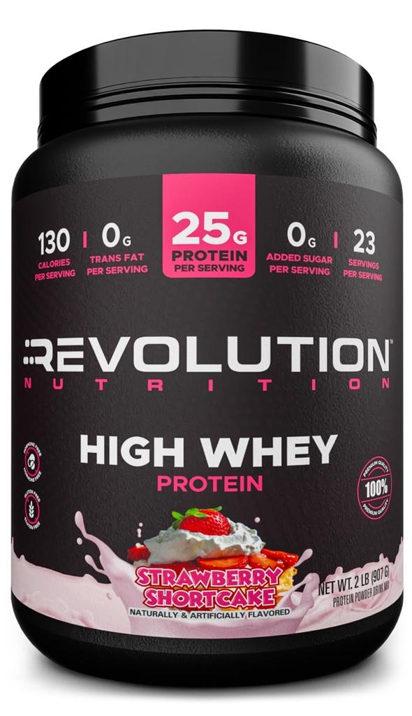 Revolution Nutrition, High Whey, Protein Powder 2LB, Whey Isolate, Glutenfrei, Lean Muskelmasse für Männer & Frauen, 25g Protein Per Scoop, 908 g, 24 Portionen (Strawberry Shortcake, 2 Pound)