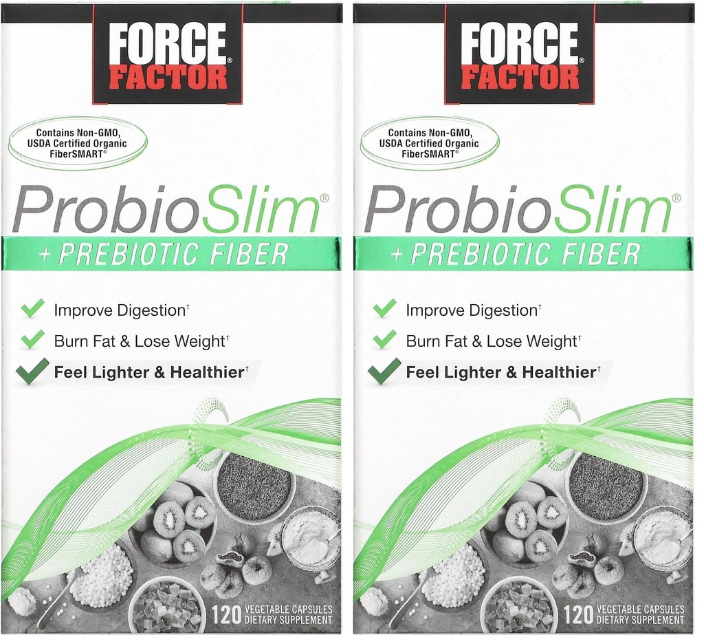 Force Factor ProbioSlim + Prebiotic Fiber Weight Loss Supplement für Frauen und Männer, Probiotic und Prebiotic Digestive Health Support mit Green Tea Extract und Psyllium Husk Fiber, 120 Kapseln