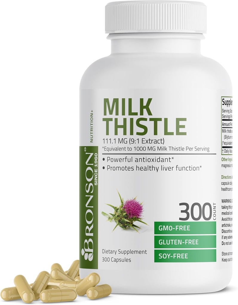 Bronson Milk Thistle 1000 MG Silybum Marianum Antioxidant & Liver Health Support - Non-GMO, 300 Kapseln
