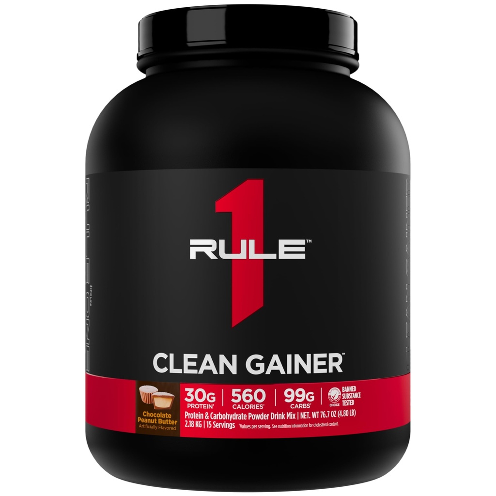 Rule 1 Proteins Clean Gainer - High-Protein Lean Gain Formula with 560 Calories, 30g of Full-Spectrum Protein, Over 90g Carbs, Under 6g of Fat (15 Servings, Chocolate Peanut Butter)