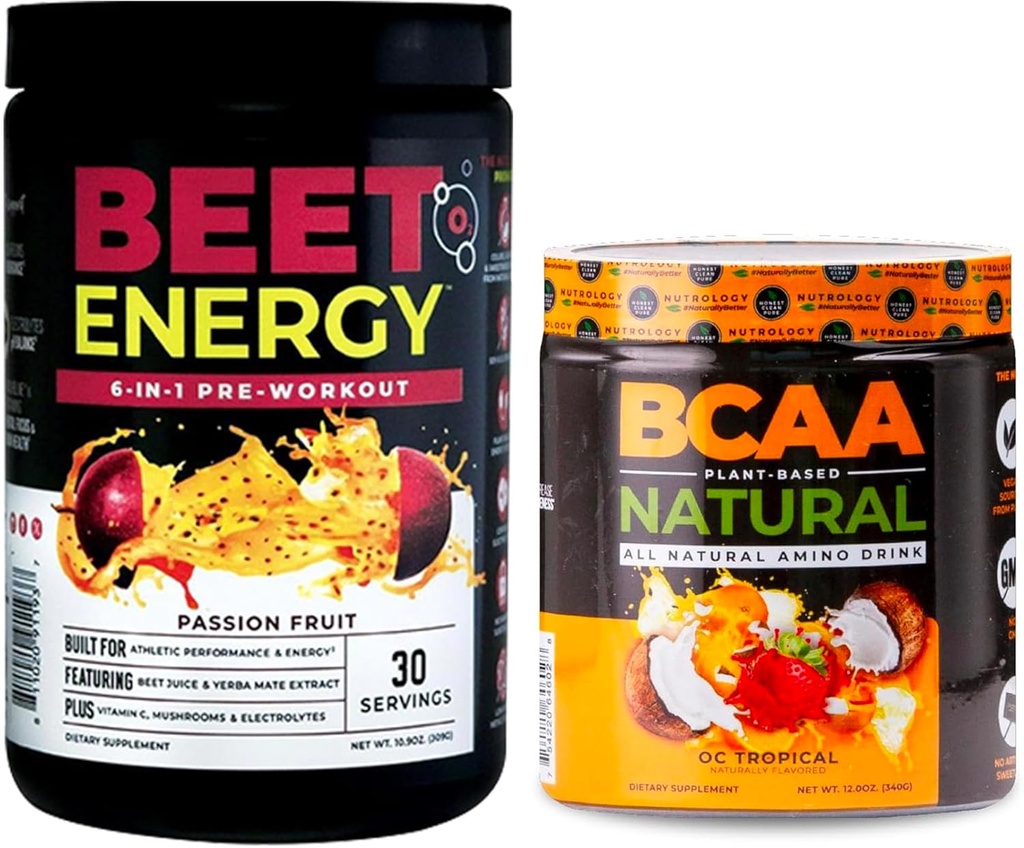 Nutrology Beet Natural O2, Pre Workout Powder, Passion Fruit Flavor (30 Servierungen) BCAA Natural, Plant Based BCAA Powder, Orange Coconut Flavor (30 Servierungen)