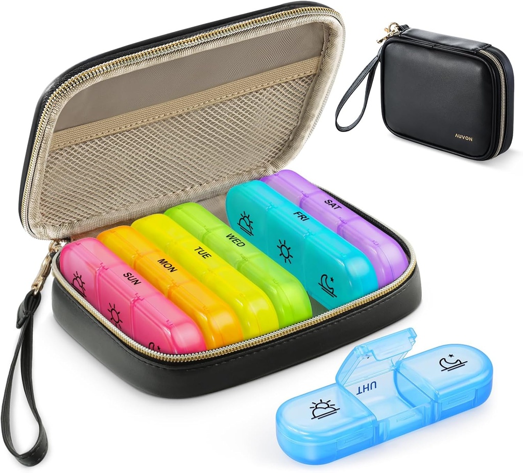 AUVON Weekly Pill Organizer 3 Mal am Tag, große Pille Box 7 Tag mit einer PU Ledertasche, Protabel Travel Pill Case Medication Reminder, Tägliche Pille Box 3 Mal am Tag für Vitamine, Fischöle, Ergänzungen