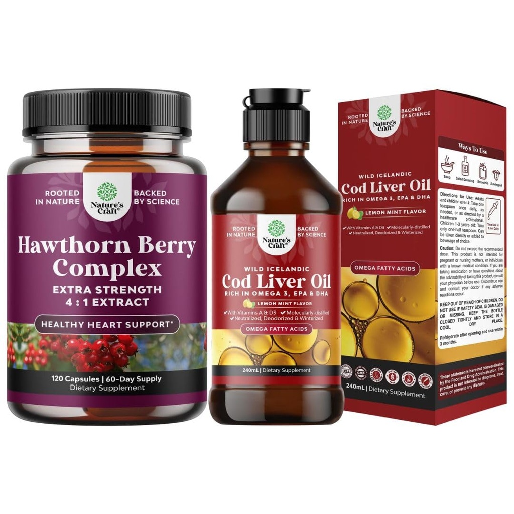 Bundle of Extra Strength Hawthorn Berry Capsules Hawthorn Extract Digestion and Heart Health Supplement und Icelandic Cod Liver Oil Liquid Wild Caught Nordic Omega 3 Fish Oil Liquid für Erwachsene und Kinder