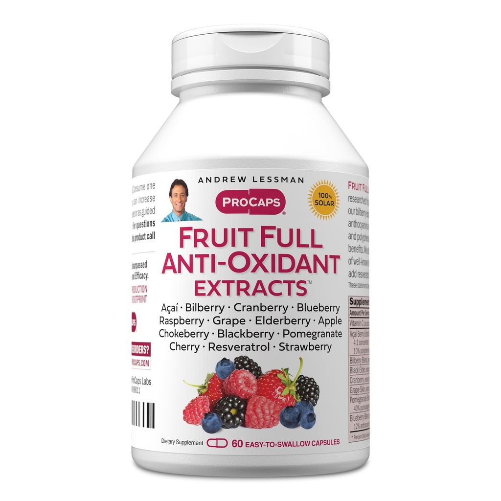 ANDREW LESSMAN Fruit Full Anti-Oxidant Extrakte 60 Kapseln - 14 natürliche Früchte und Beeren Extrakte. Bilberry, Cranberry, Grape Seed, Granatapfel, Resveratrol und mehr. Einfach zu Swallow Capsules