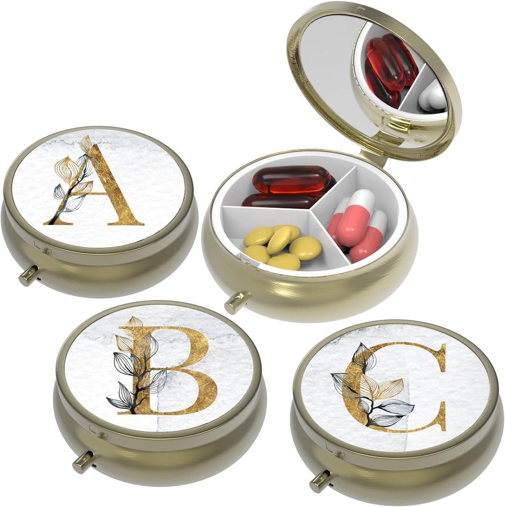 Small Pill Box,Pill Case for Purse&Pocket,3 Compartments Travel Pill Case Medication Organizer Speicher für Vitamine, Pillen, Fischöl und Ohrringe, Studs,Bronze-3Round(ABC)