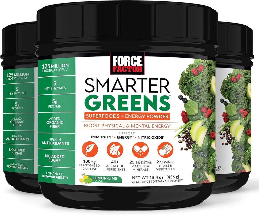FORCE FACTOR Smarter Greens Superfoods + Energie-Pulver, um Energie und Unterstützung Verdauung, Gut Gesundheit, Bloating, Greens Pulver mit Verdauungsenzymen, Probiotics & Prebiotics, Lemon Lime, 90 Servierungen