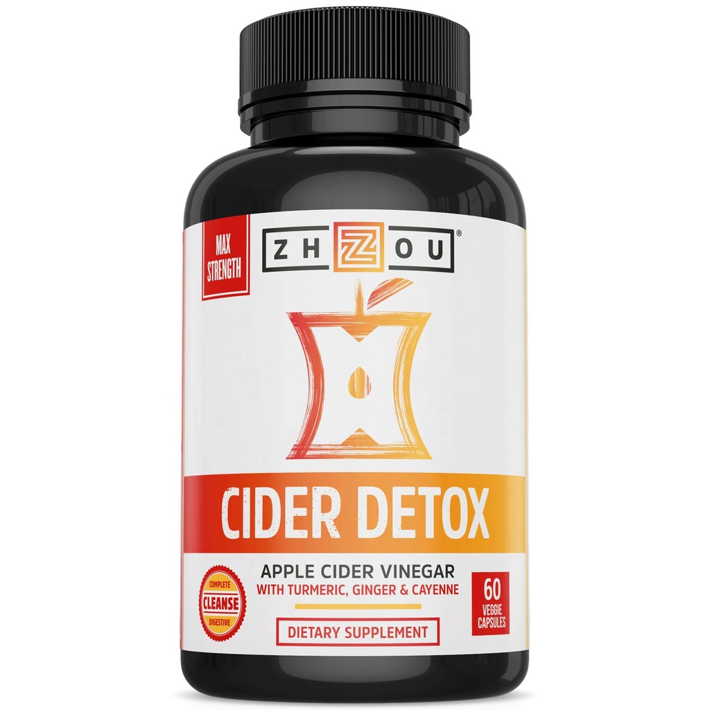 Zhou Cider Detox - Apple Cider Essig Kapseln mit Mutter, Raw Natural ACV Pillen für Damen und Herren, Kräuter Complex Supplement mit Turmeric & Cayenne Pfeffer - 60 Vegan Kapseln