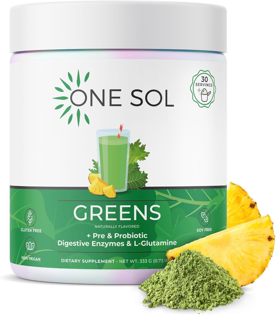 One Sol Greens, Super Greens Pulver zu reduzieren Bloating & Verbessern Gut Gesundheit, Superfood Fresh Bloom Organic Greens Blend Juice & Smoothie Mix, Pre & Probiotic mit Verdauungsenzymen, Vegan & Soy Free
