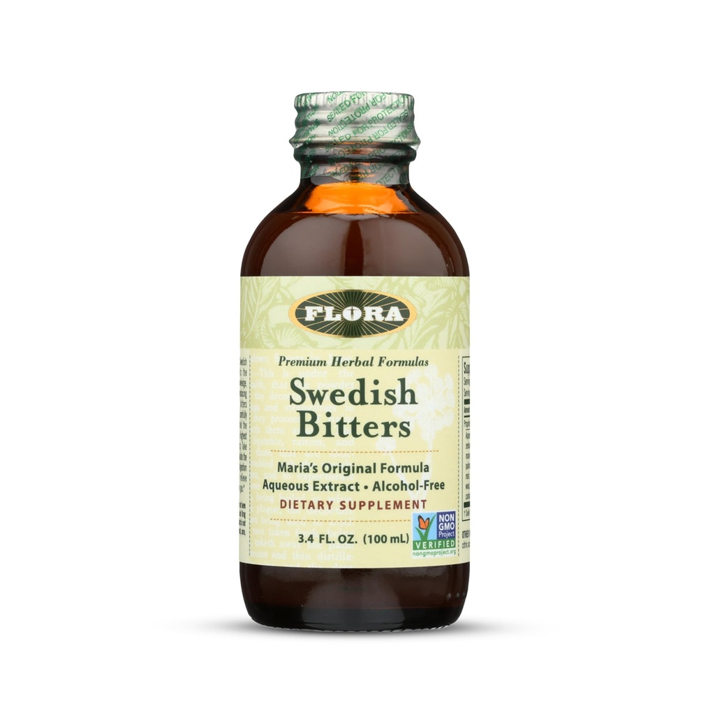Flora - Swedish Bitters for Digestion, Alcohol-Free Bitters Helfen Sie Bloating & Digestion, Maria's Original Formula Aqueous Extract, Vegan, Kosher, Non GMO, 3.4-fl. oz. Glasflasche